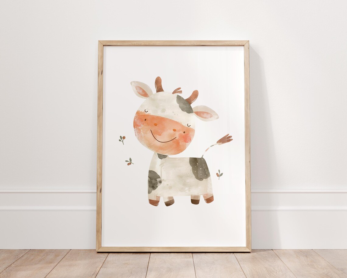 Smiling Cow Watercolor Cute Farm Animal Nursery Room Decor Poster