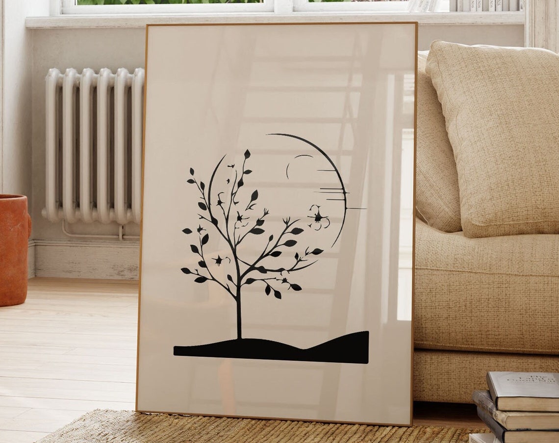 Cherry Blossom Tree Silhouette Moon Minimalist Japandi Style Poster - Image 2