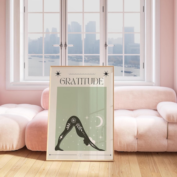 Gratitude Yoga Silhouette Celestial Sage Green Studio Wall Poster