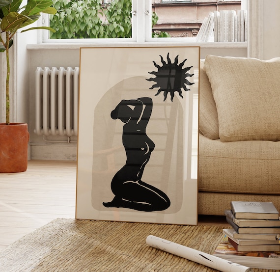 Sun Goddess Kneeling Silhouette Neutral Boho Celestial Art Poster