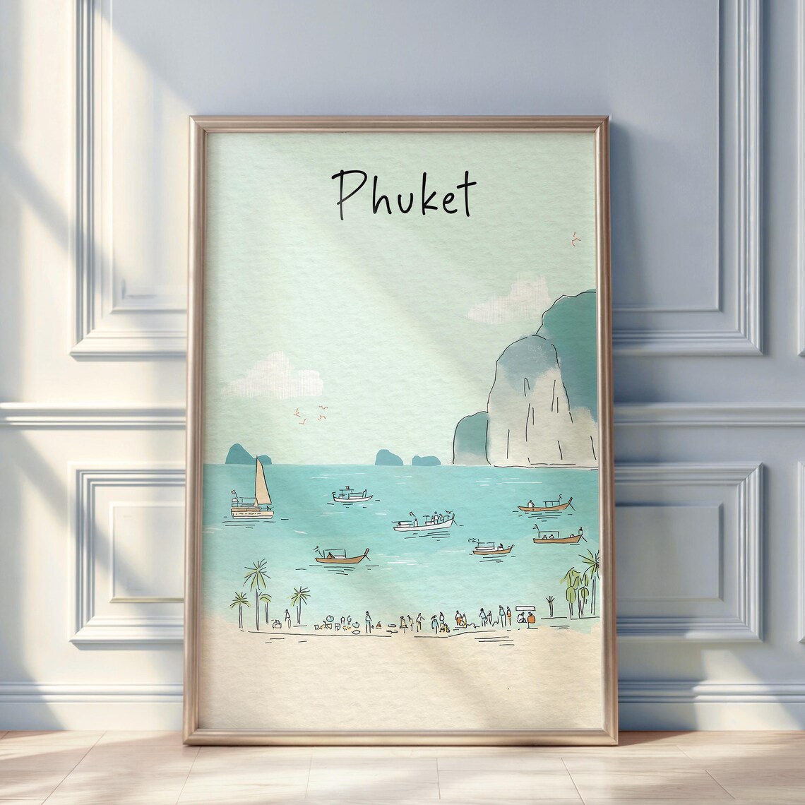 Phuket Watercolor Travel Poster, Minimal City Illustration