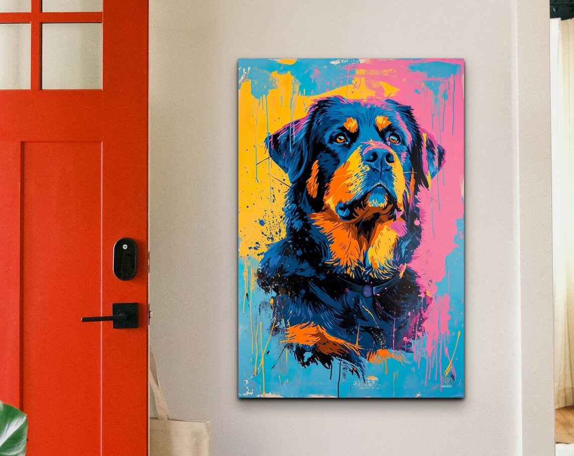 Rottweiler Dog Portrait in Vivid Pink Blue and Yellow Pop Art Poster
