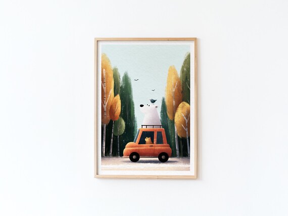 Polar Bear And Cat Road Trip In Orange Car Autumn Forest Poster