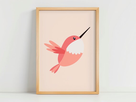 Coral Pink Hummingbird Minimal Illustration On Soft Peach Poster
