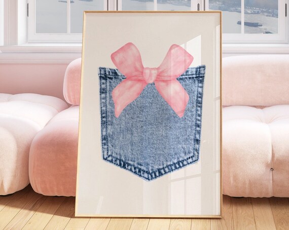 Denim Pocket Pink Bow Watercolor Coquette Western Style Poster