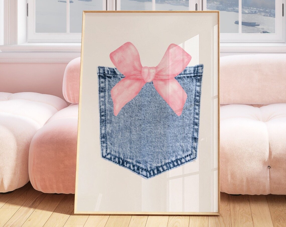 Denim Pocket Pink Bow Watercolor Coquette Western Style Poster