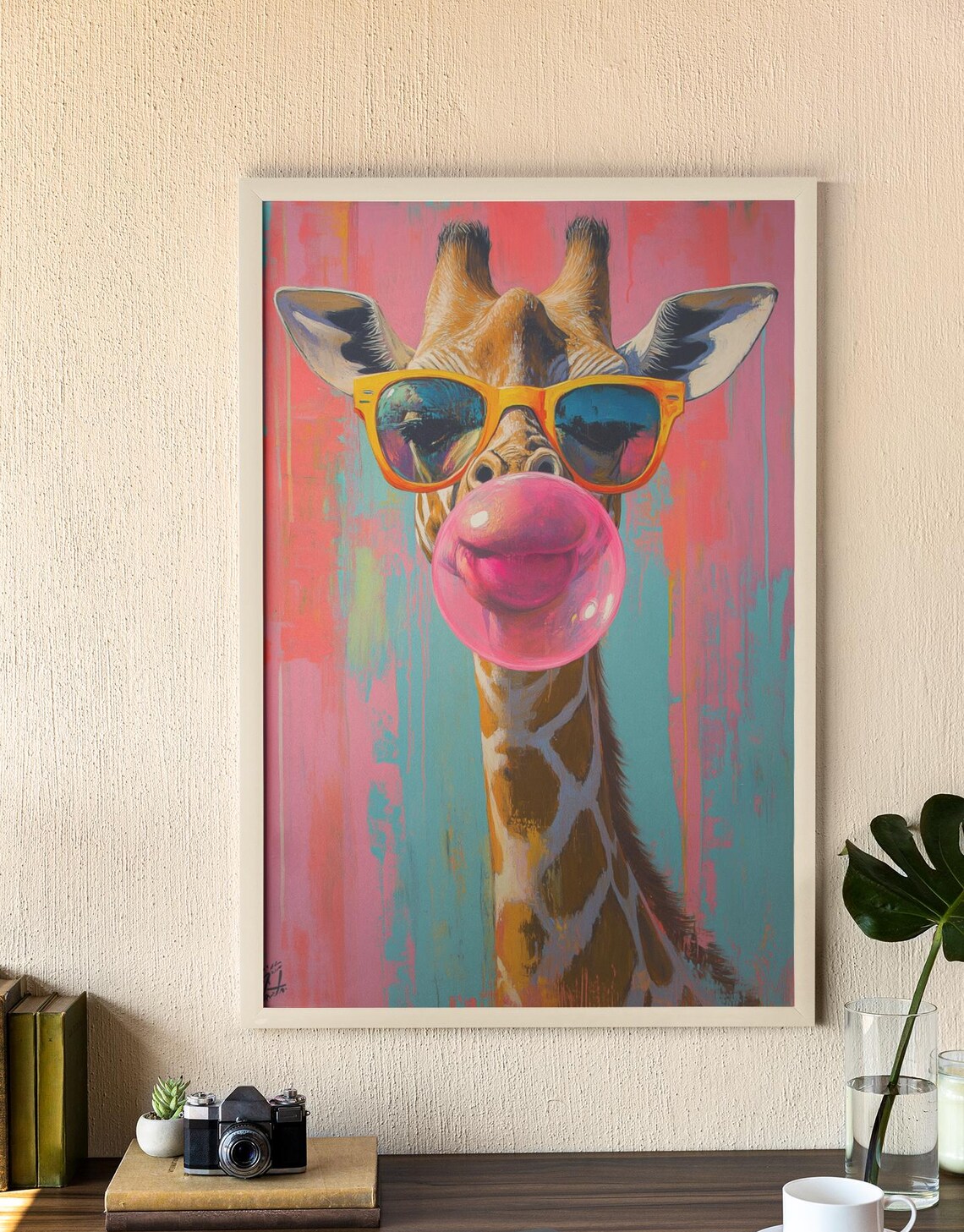 Funky Giraffe With Bubble Gum Sunglasses Pop Art Print
