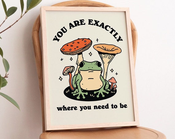 Frog Mushroom Cottagecore Print Cute Froggy Positive Retro Wall Decor Large Art Prints Neutral