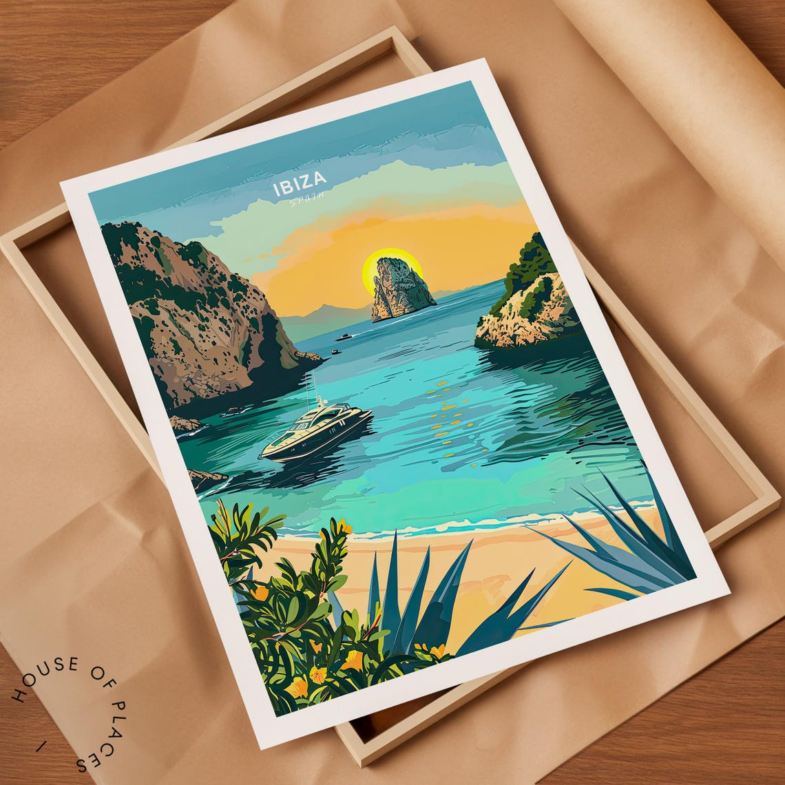 Ibiza Spain Sunset Cliffs Yacht Cove Balearic Islands Travel Poster - Image 2