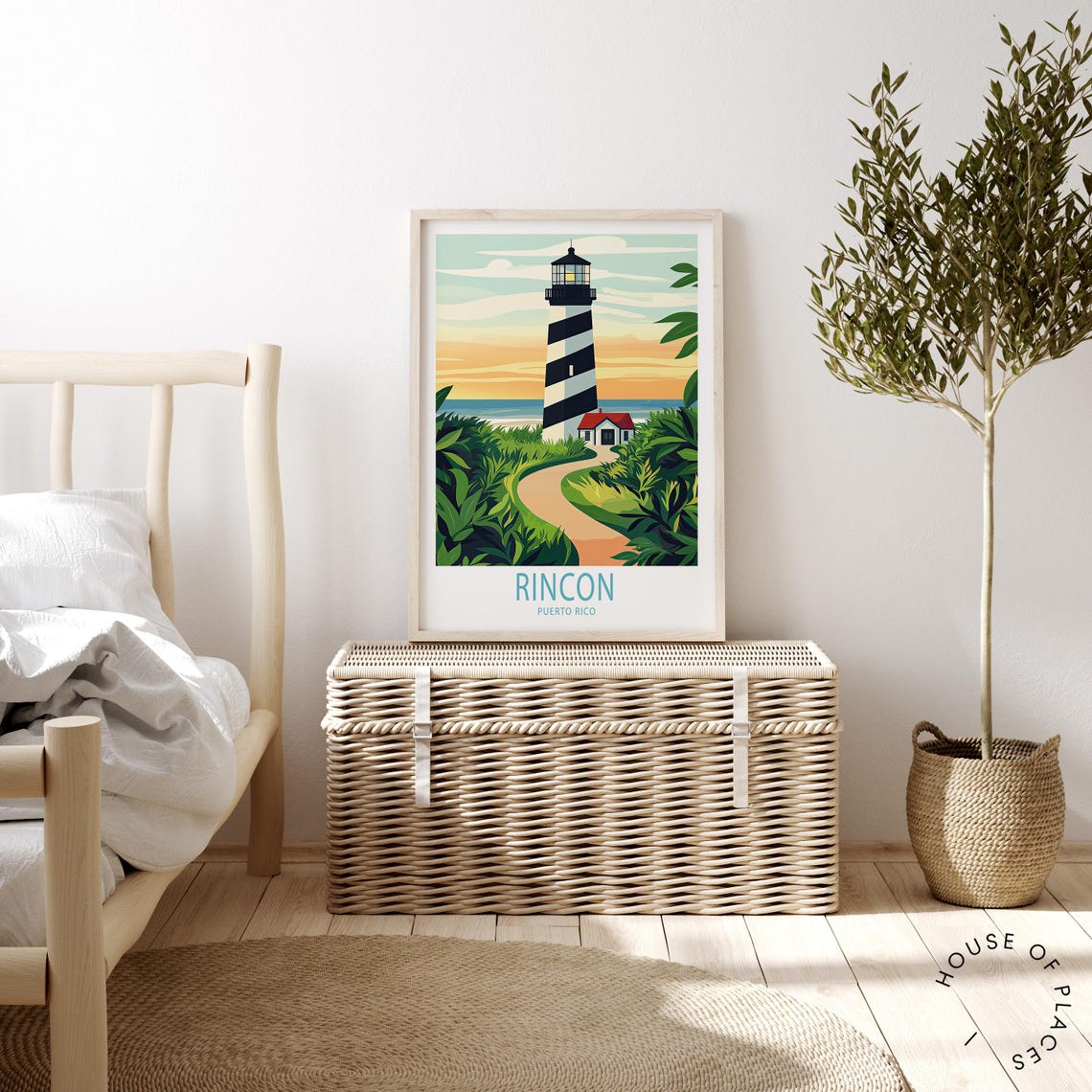 Rincon Puerto Rico Striped Lighthouse Sunset Travel Art Poster - Image 2