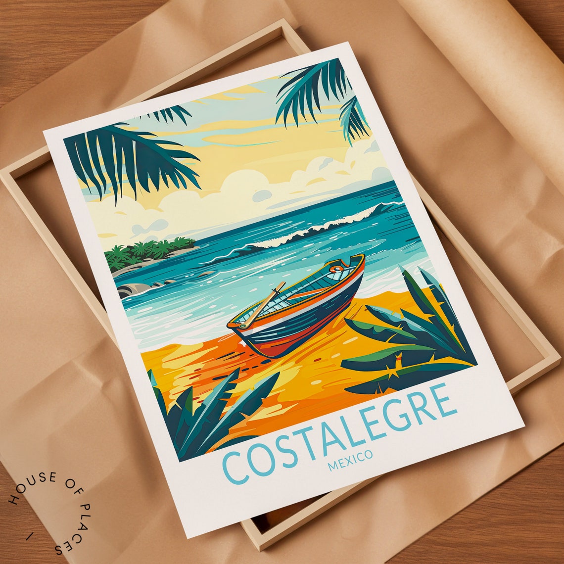 Costalegre Mexico Tropical Beach With Boat Vintage Style Travel Poster - Image 2