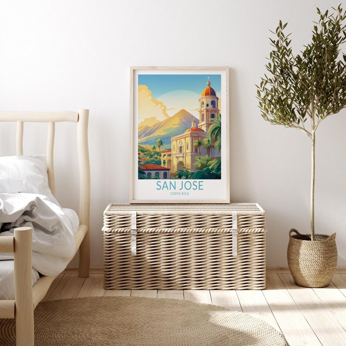 San Jose Costa Rica Church Bell Towers Volcano View City Travel Poster - Image 3