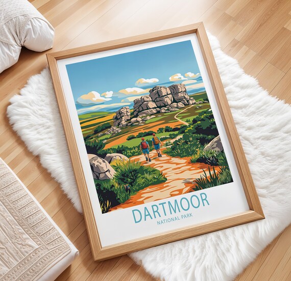 Dartmoor National Park Hikers Walking Toward Granite Tors on the Moor Poster