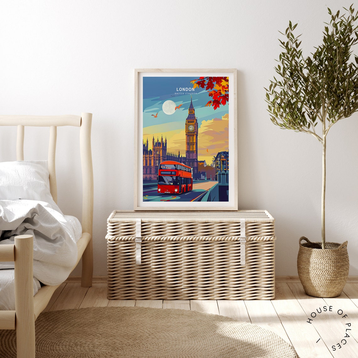 London Big Ben Autumn Moon Red Double Decker Bus Travel Poster - Image 3