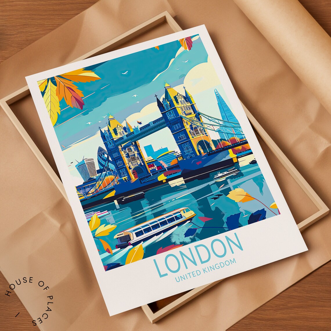 London Tower Bridge In Autumn Leaves Classic Vintage Travel Poster - Image 2