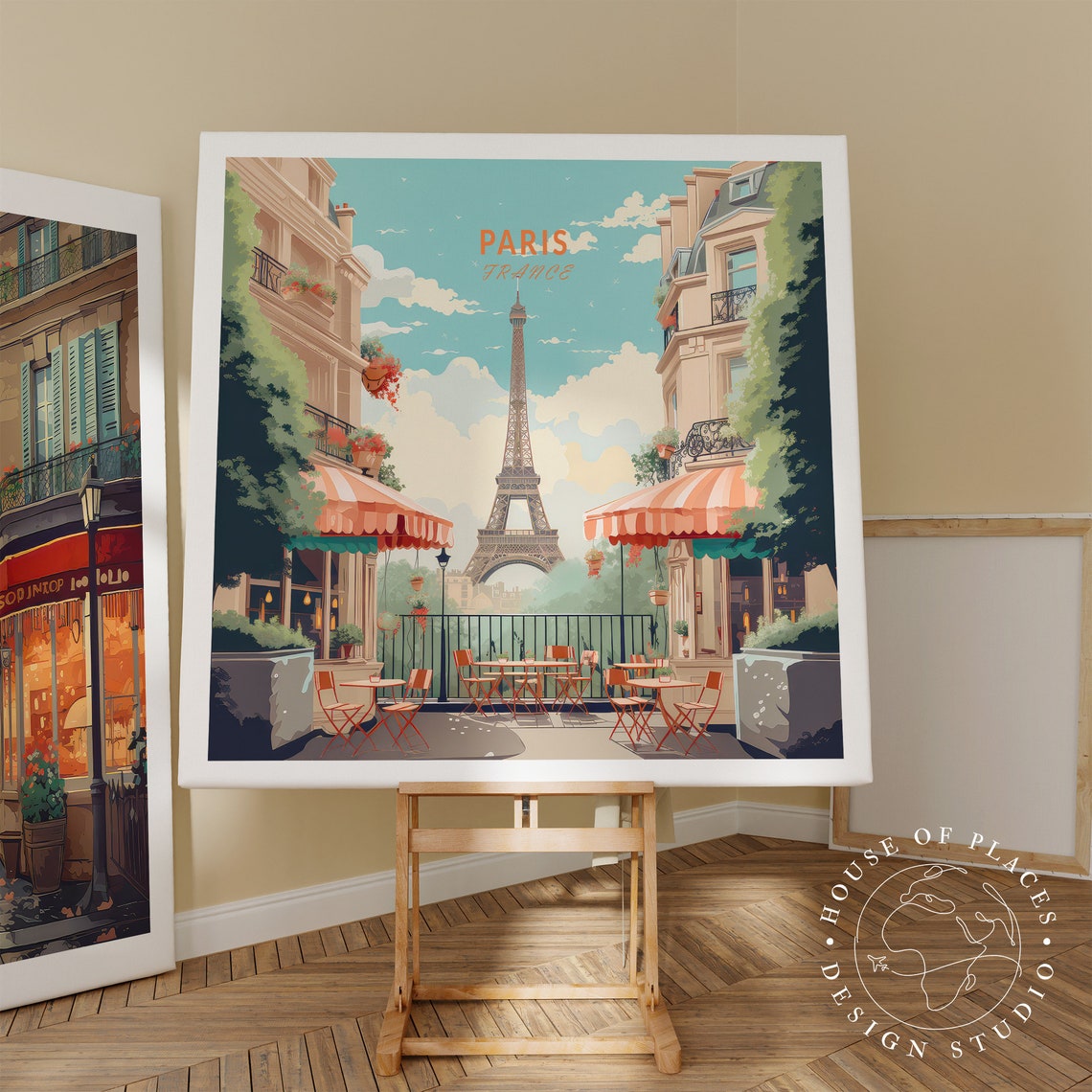 Paris France Eiffel Tower Cafe Retro Travel Illustration Poster - Image 2