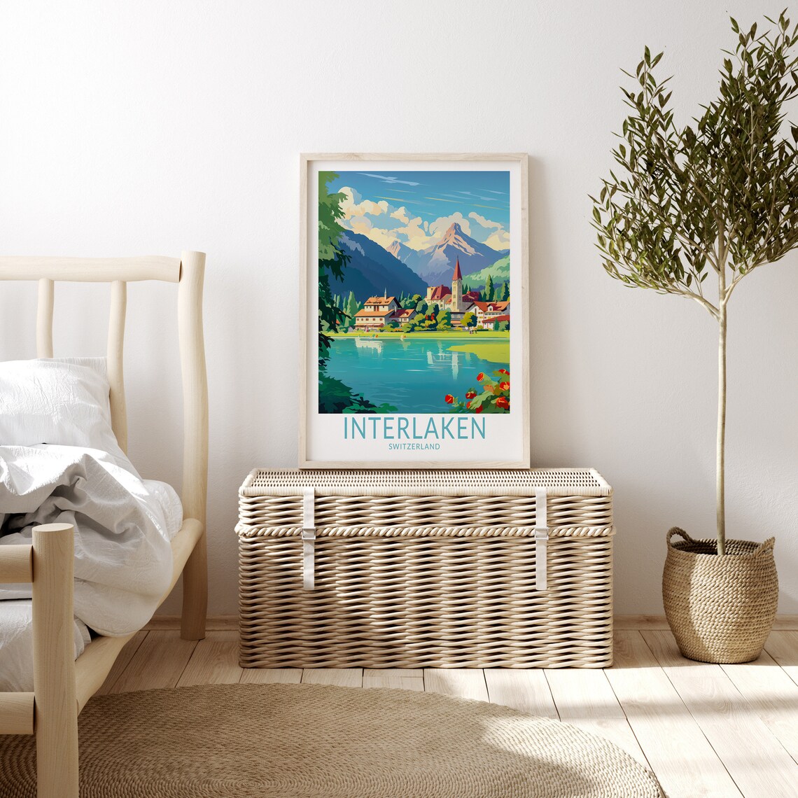 Interlaken Switzerland Lakeside Town and Alpine Peaks Travel Poster - Image 3