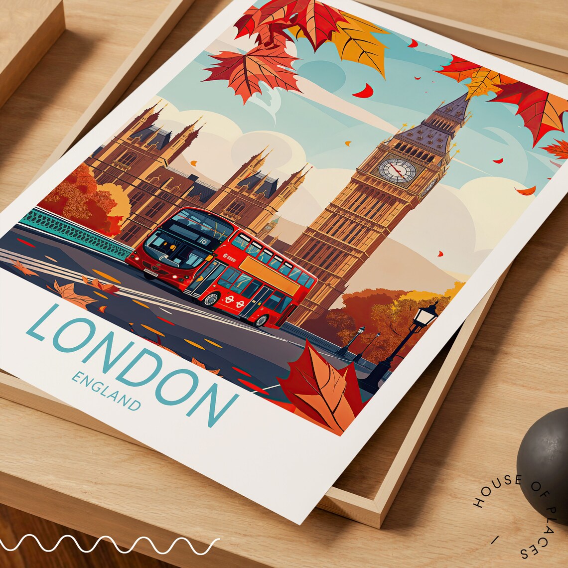 London Big Ben Autumn Red Bus Retro Illustration Travel Poster - Image 3