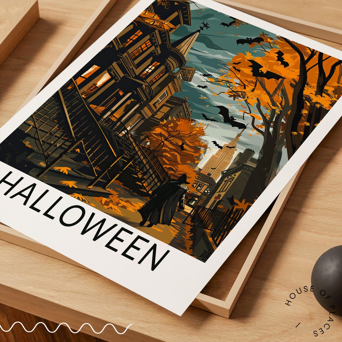 Spooky Halloween Night Haunted Street With Bats and a Witch Poster - Image 3