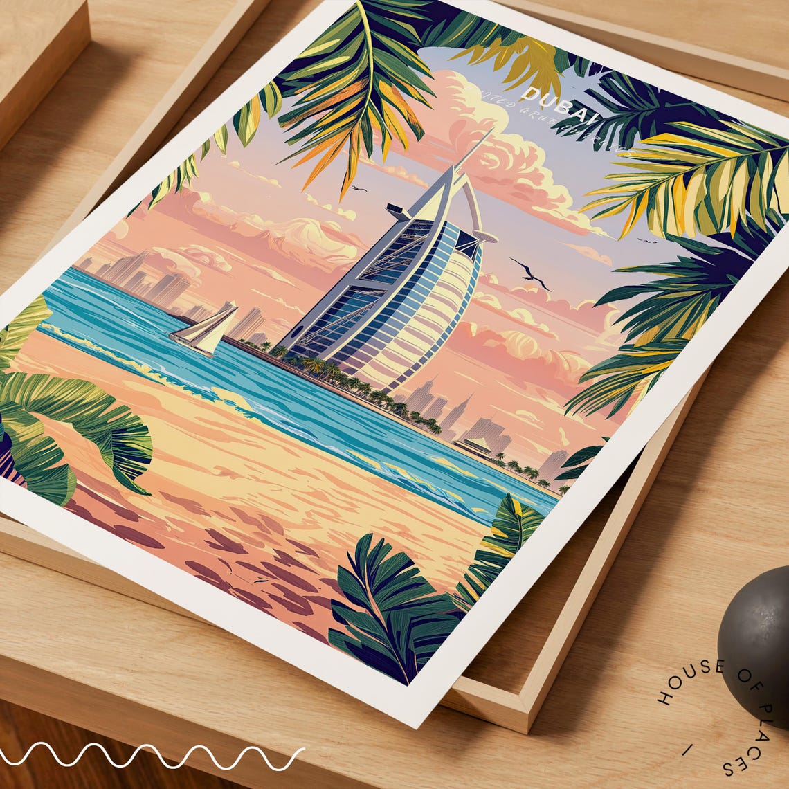 Dubai Burj Al Arab Beach Travel Poster Palm Trees at Pink Sunset - Image 3