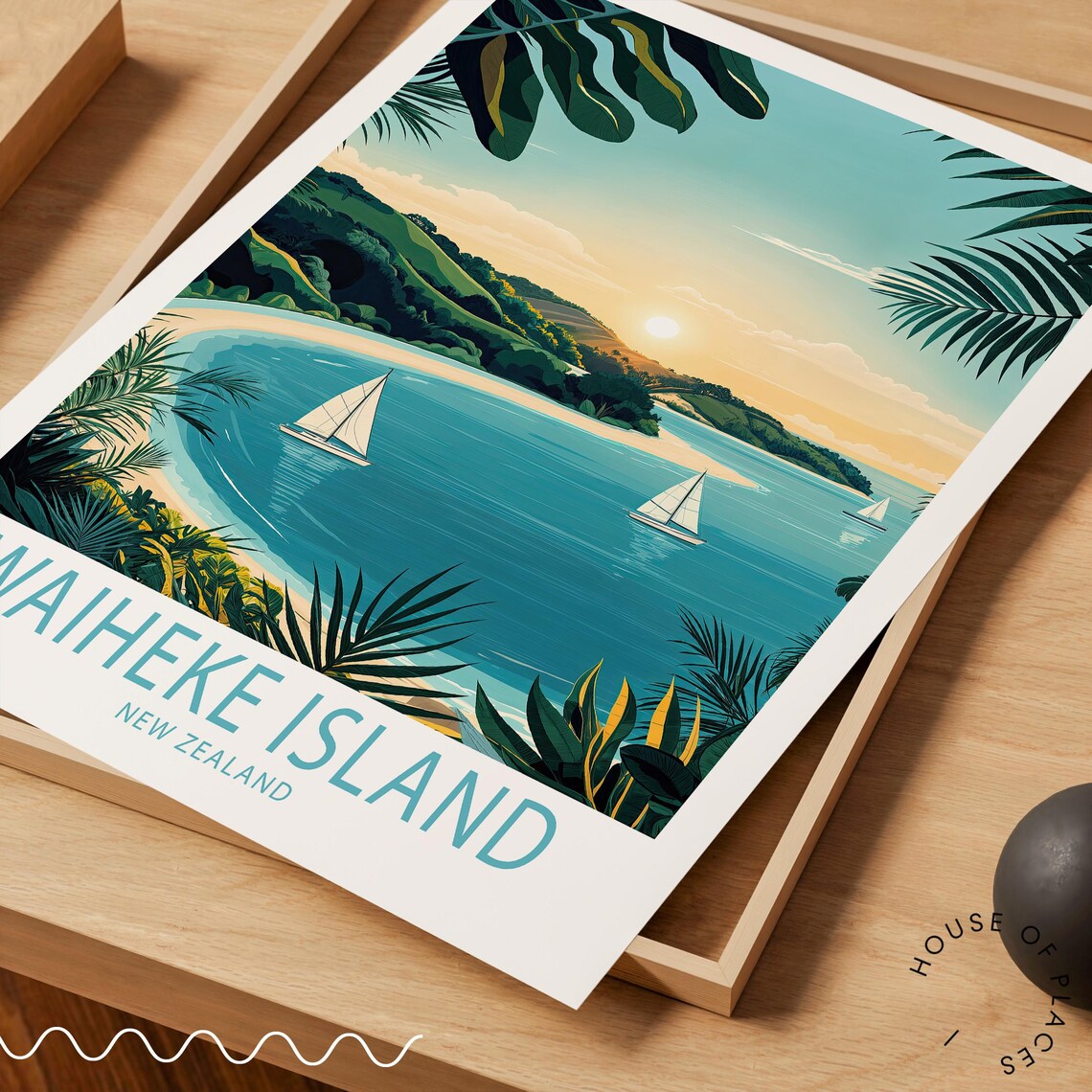 Waiheke Island New Zealand Travel Poster Sailboat Bay Framed Palms - Image 3