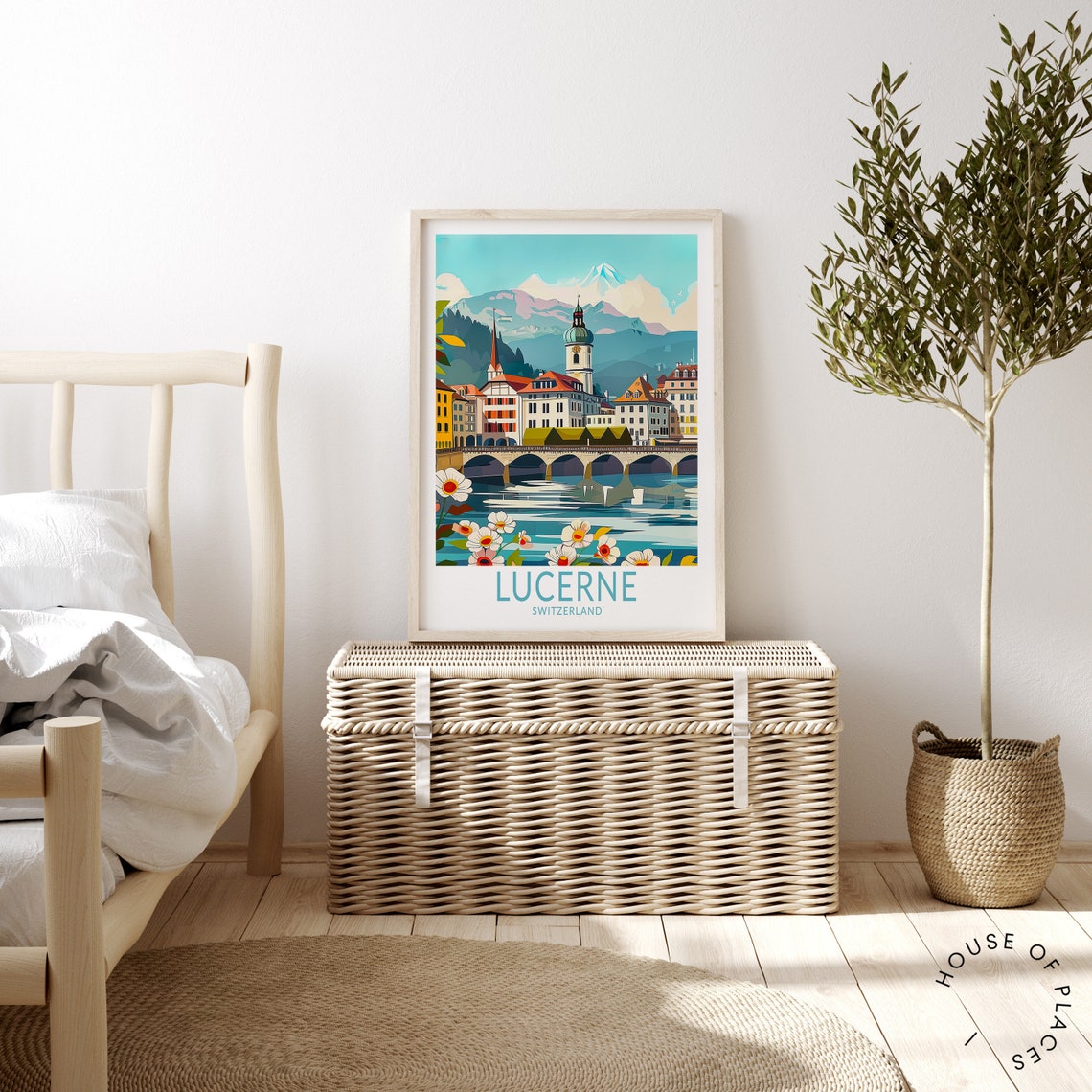 Lucerne Switzerland Chapel Bridge Daisies Foreground Travel Poster - Image 3