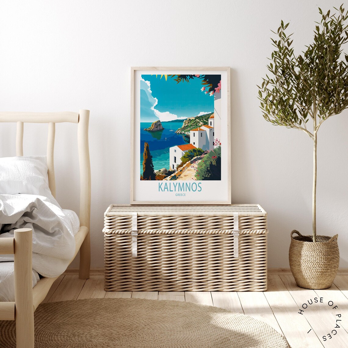 Kalymnos Greece Coastal Travel Poster White Church on Cliff Over Bay - Image 4
