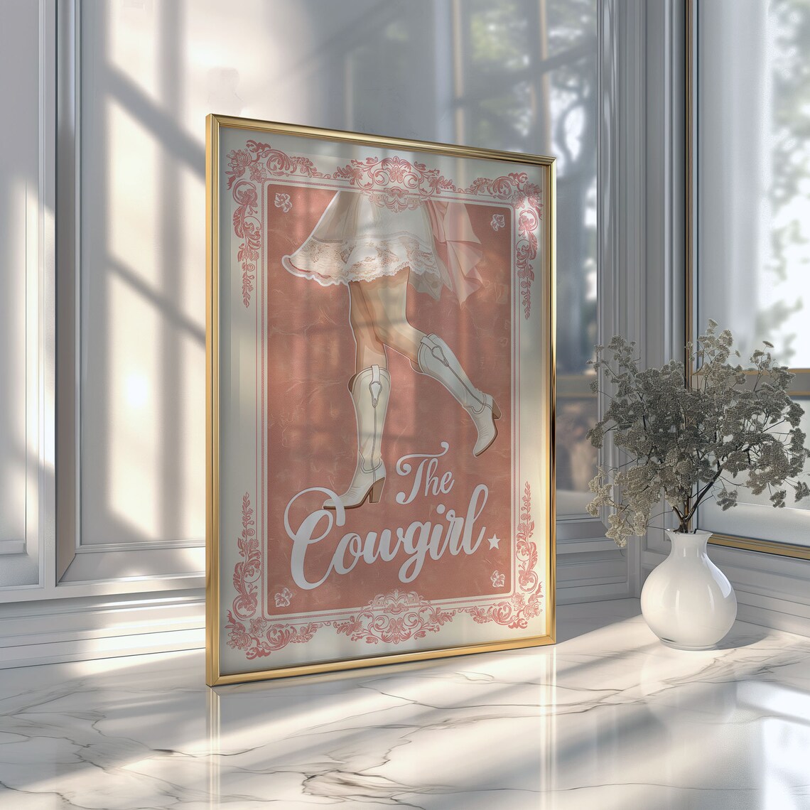The Cowgirl White Boots Twirl Skirt Pink Floral Border Poster - Image 3