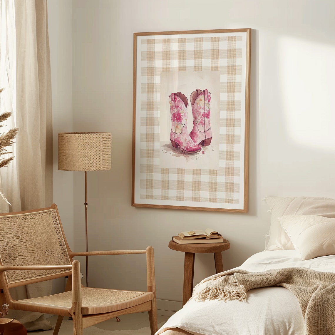 Pink Floral Cowboy Boots Gingham Western Cowgirl Decor Poster - Image 3