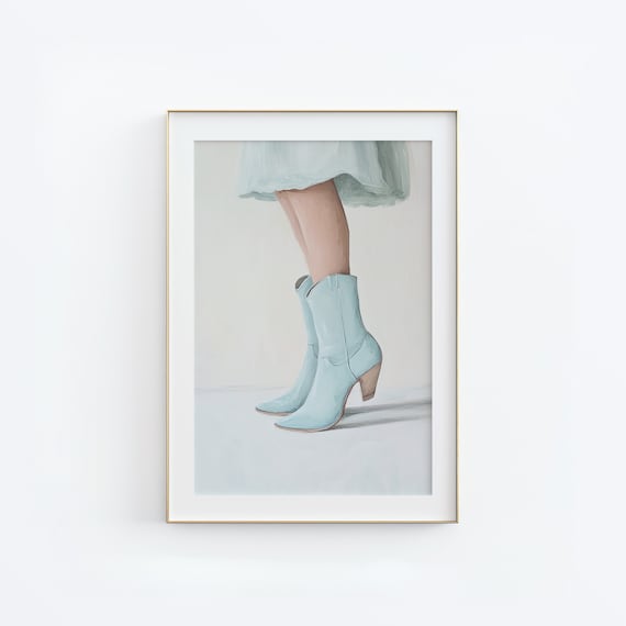 Pale Blue Cowboy Boots Modern Western Fashion Art Decor Poster