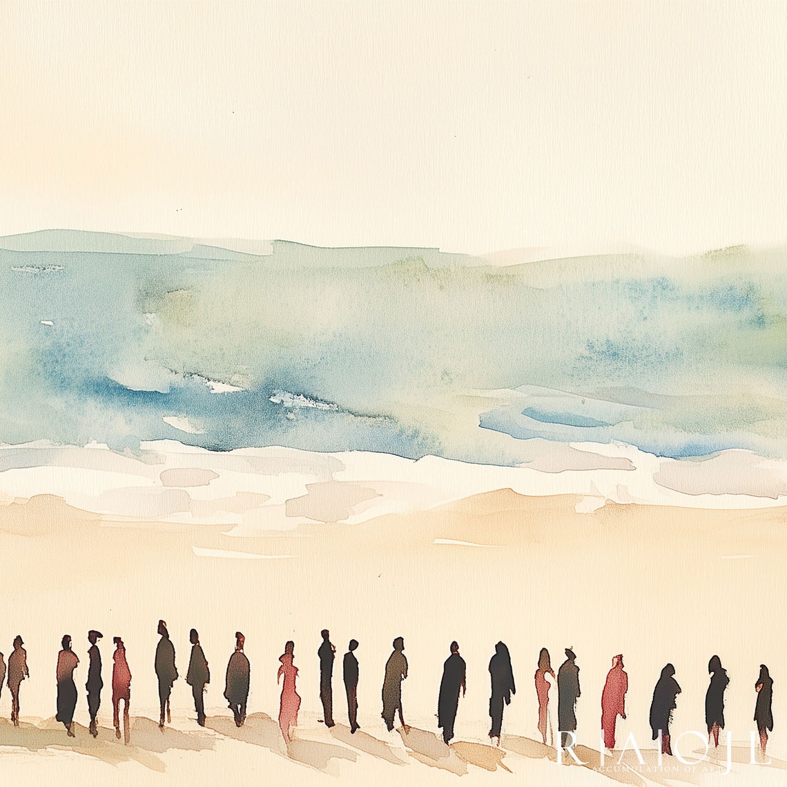 Beach Shoreline Silhouette Figures Watercolor Coastal Decor Poster - Image 4