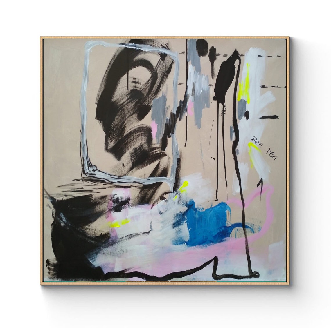 Neutral Beige With Blue Patch Neon Accent Abstract Art Poster - Image 4