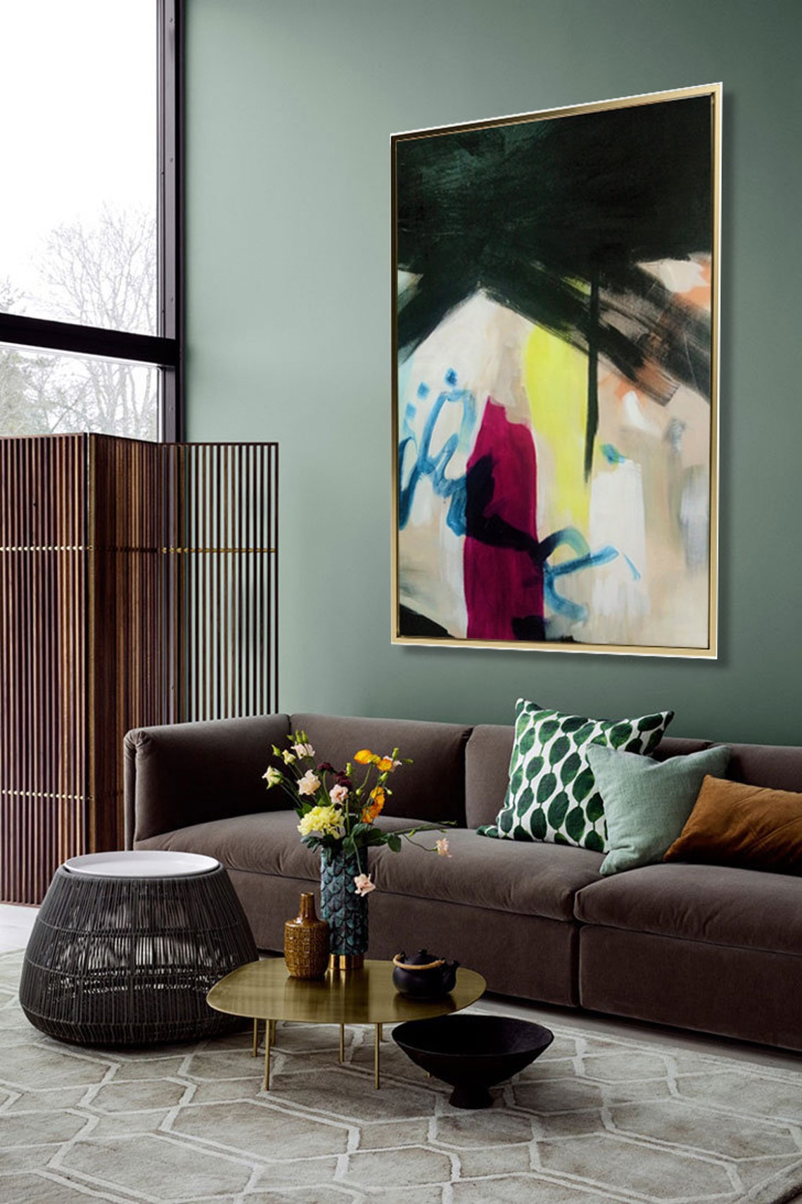 Tall Modern Abstract Dark Green Crimson Brushstroke Art Poster - Image 4