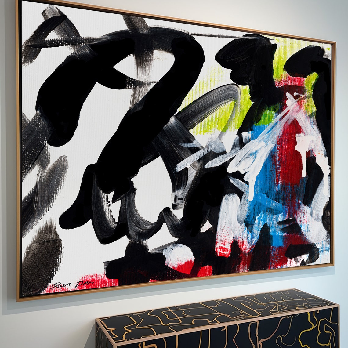 Bold Black Calligraphy Strokes Red Blue Green Abstract Poster - Image 3