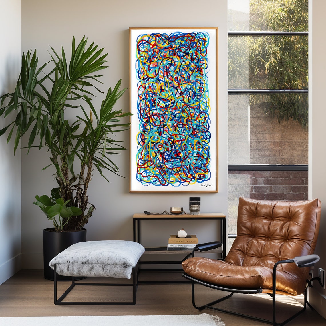 Tall Narrow Blue Red And Yellow Line Art Painting By Ron Deri Poster - Image 2
