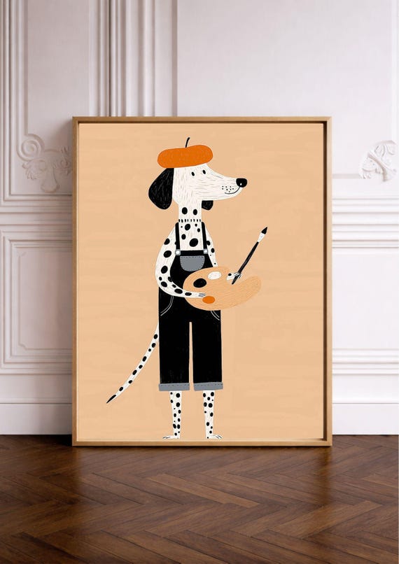 Painter Dog Art Print Playful Nursery Wall Decor Digital Download