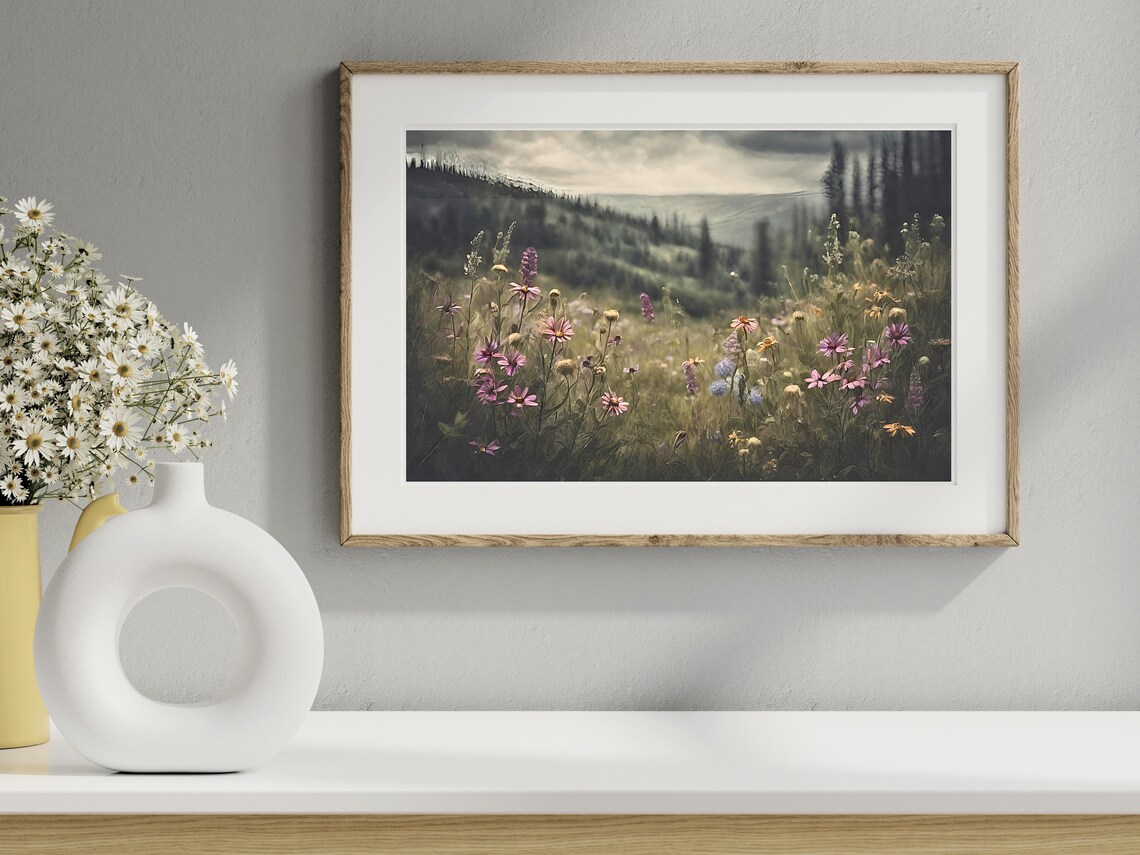 Wildflower Meadow Before Forested Hills Moody Vintage Landscape Print - Image 4