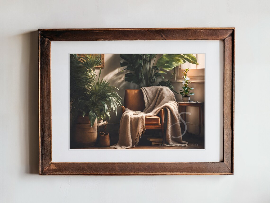 Cozy Reading Nook Armchair Houseplants Sunlit Room Oil Painting Poster - Image 5
