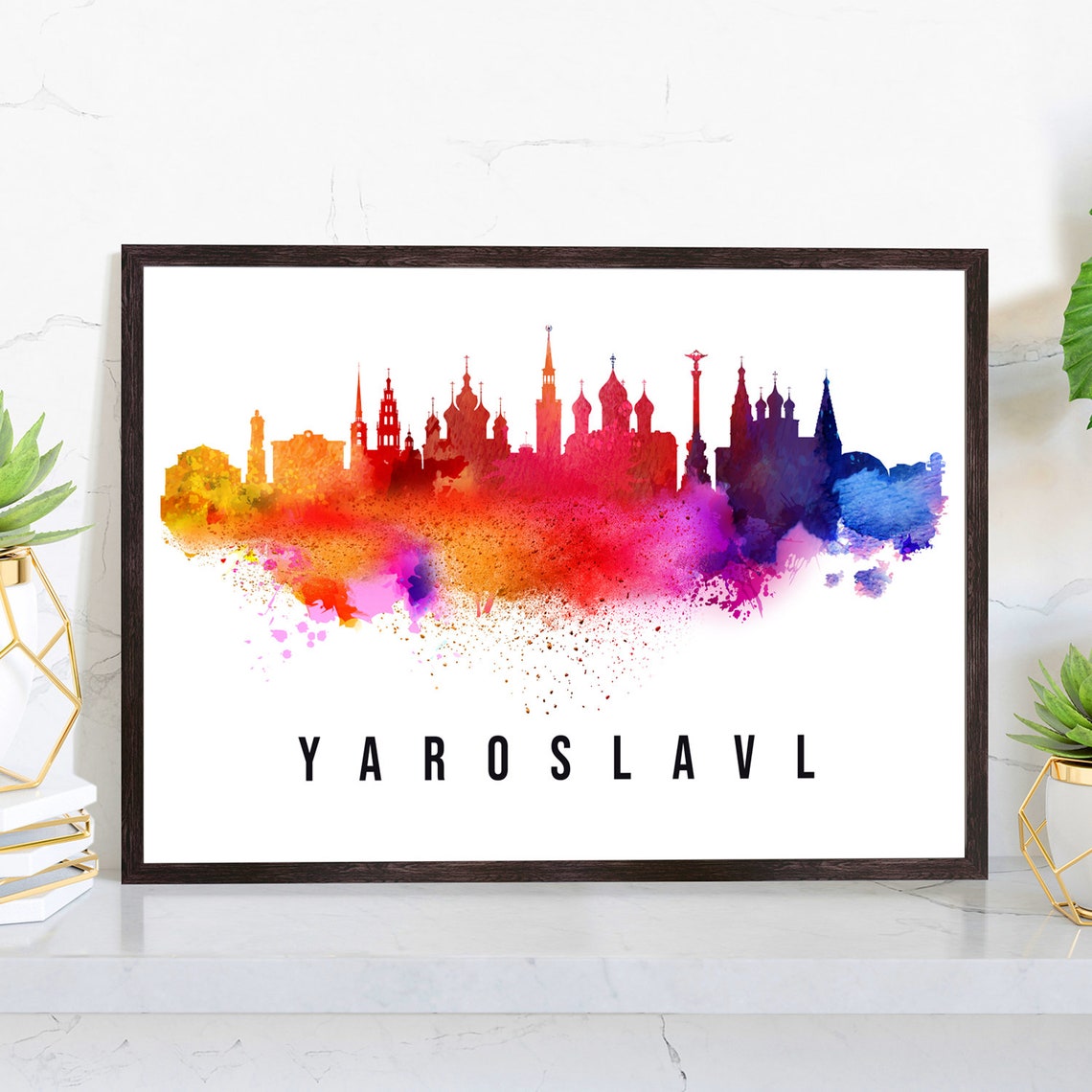 Yaroslavl Russia Watercolor Rainbow Skyline Cathedral Domes Art Poster