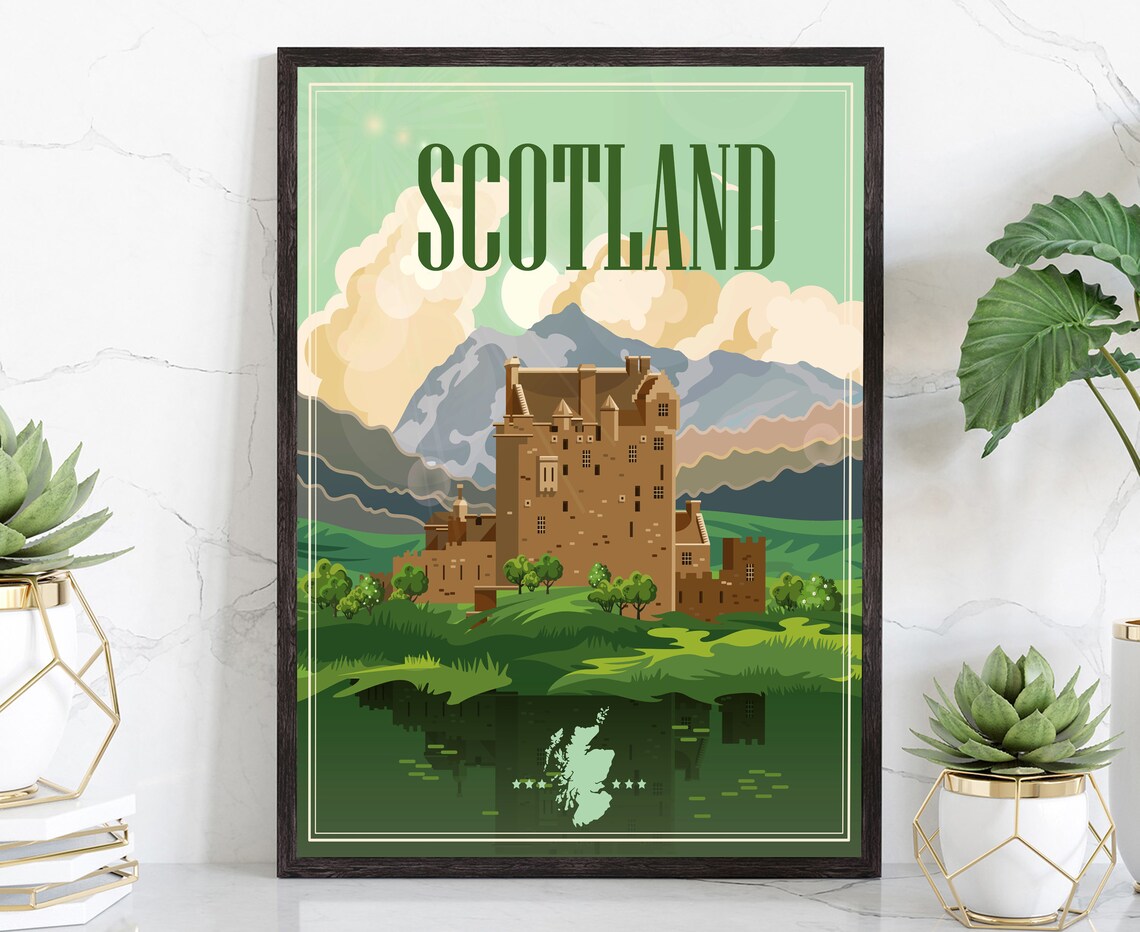 Scotland Highland Castle Lake Reflection Retro Style Travel Poster