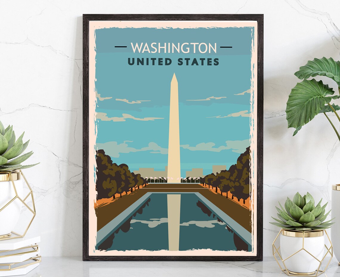 Washington DC National Monument Reflecting Pool Vintage Travel Poster