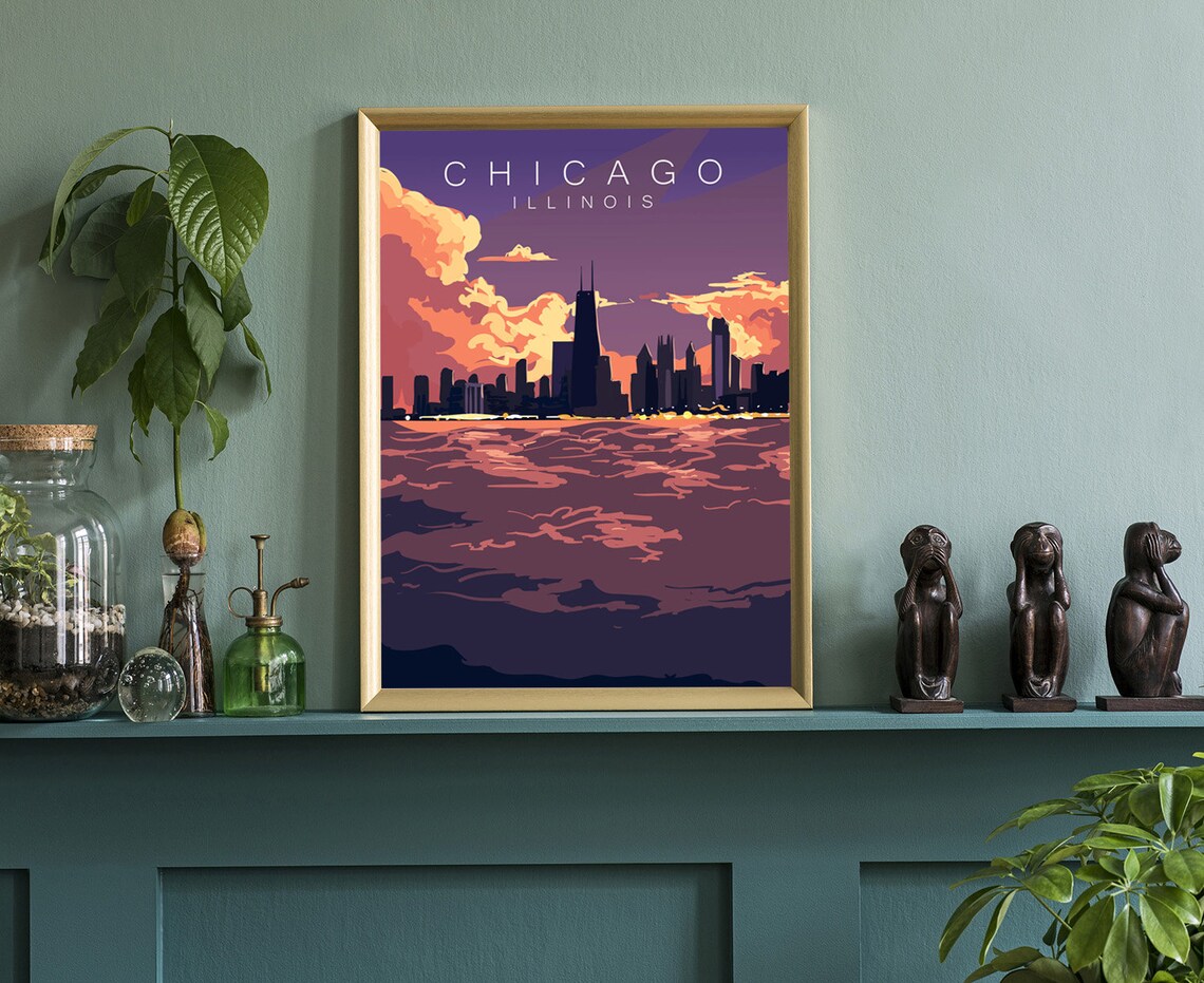 Chicago Illinois Retro Vintage Travel Sunset Skyline Waterfront Poster - Image 3