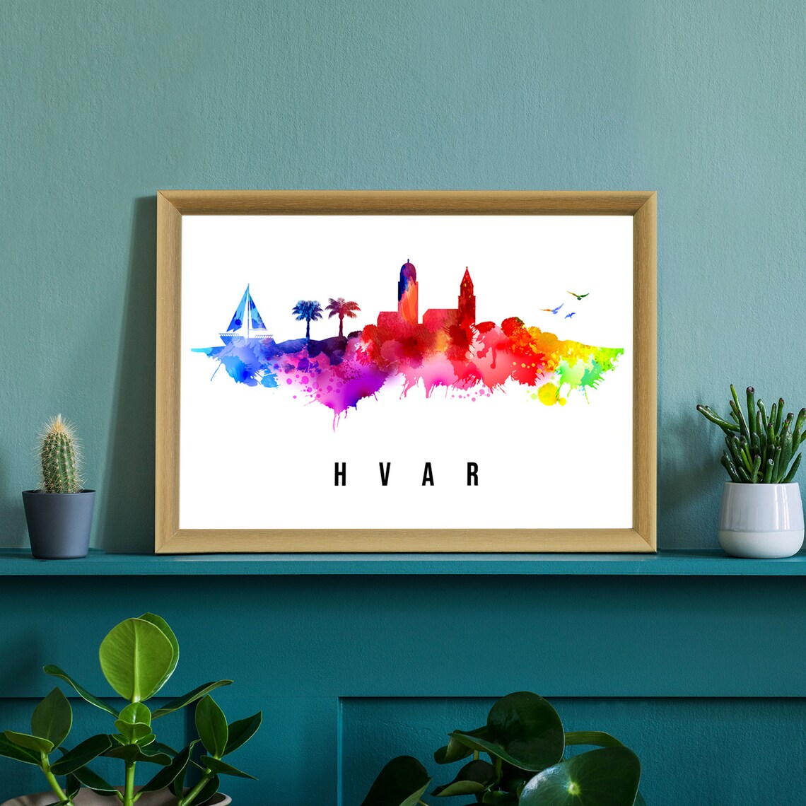 Hvar Croatia Island Church Towers Watercolor Skyline Travel Poster - Image 2
