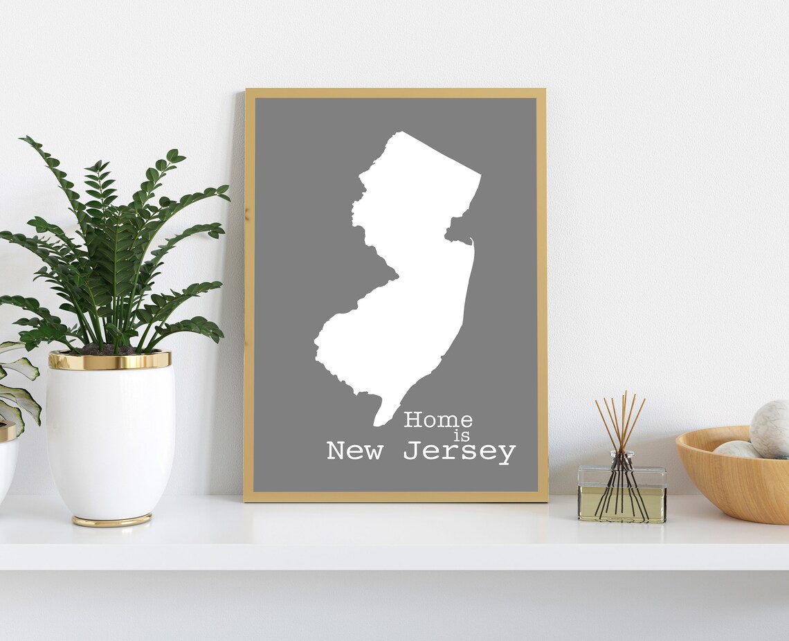 New Jersey Home Is Gray Minimalist State Map Silhouette Wall Art - Image 2