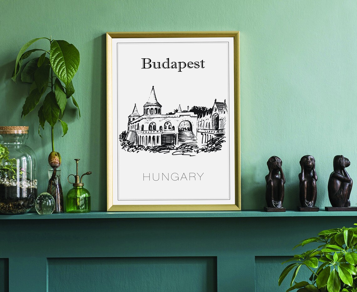 Budapest Hungary Historic Castle Palace Arched Facade Sketch Poster - Image 3