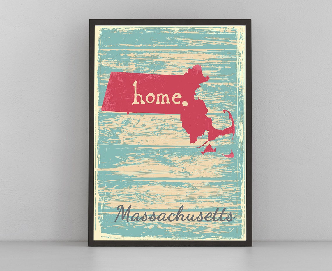 Massachusetts Home Red State Silhouette Retro Teal Map Print Wall Art