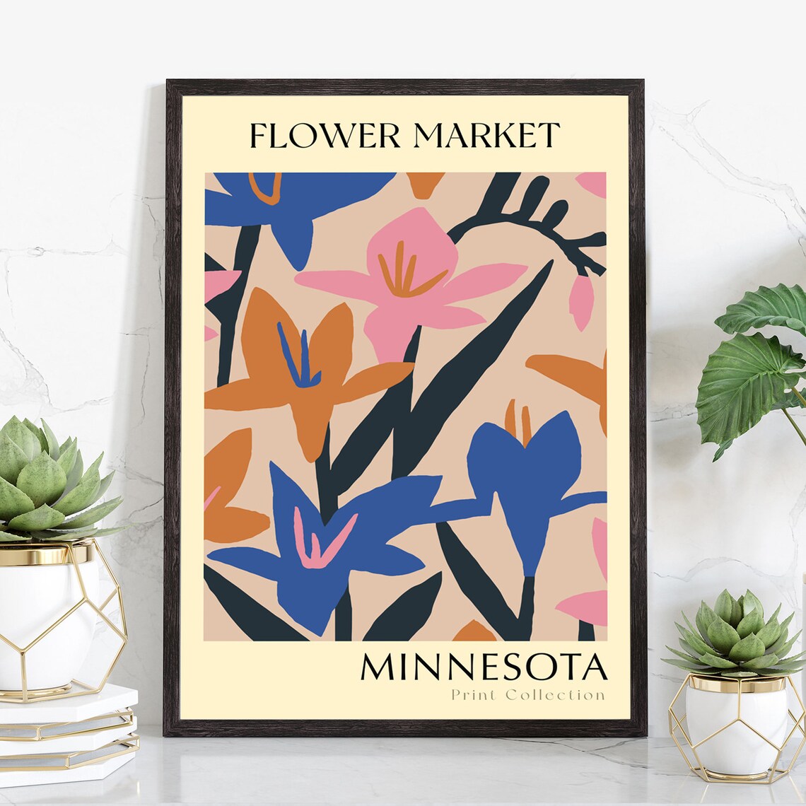 Minnesota Flower Market Bold Blue Pink Blossom Botanical Art Poster