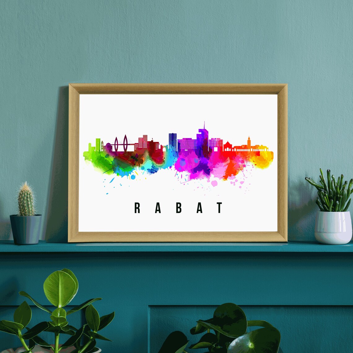 Rabat Morocco Rainbow Watercolor Splash Skyline City Travel Poster - Image 3