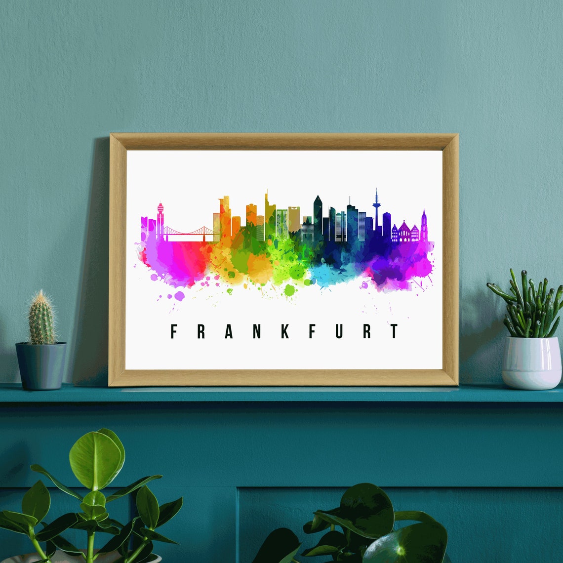 Frankfurt Germany Rainbow Watercolor Modern Skyline Silhouette Poster - Image 3