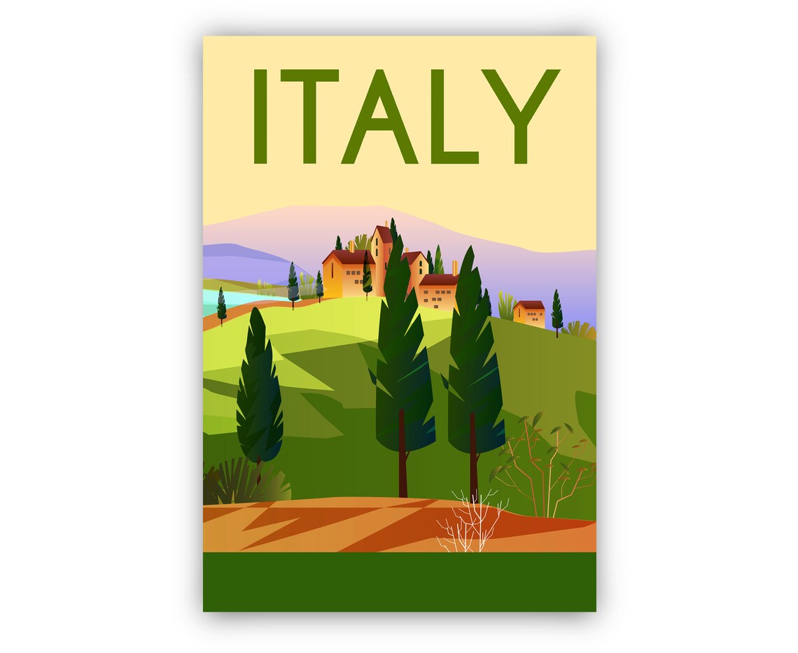 Italy Retro Tuscan Countryside Hill Village Cypress Travel Poster - Image 2